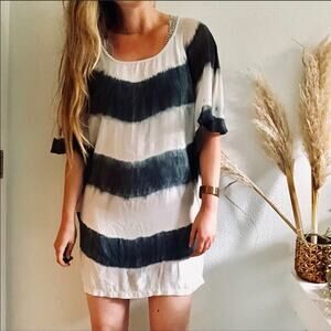 GYPSY 05 REVOLVE Navy Blue White Silk Tie Dye Stripe Dolman Sleeve Tunic Dress S